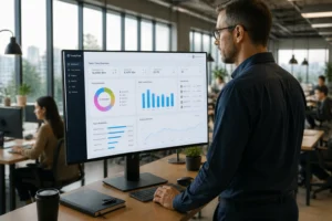 Interface de tableau de bord de gestion du temps sur un écran de bureau dans un open-space moderne