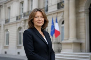 Femme politique en costume sombre devant un bâtiment institutionnel parisien