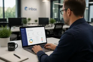 Professionnel connecté au portail CegidLife sur un ordinateur portable dans un bureau moderne
