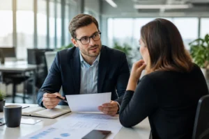 Professionnel présentant son dossier de demande d'augmentation à son manager en réunion