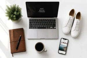 Composition flat lay starter pack personnel sur fond blanc avec ordinateur, carnet, mug et sneakers