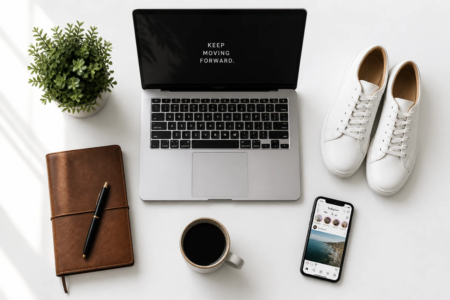 Composition flat lay starter pack personnel sur fond blanc avec ordinateur, carnet, mug et sneakers