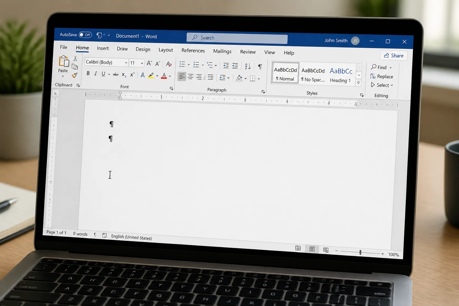 Écran d'ordinateur affichant un document Word avec les marques de paragraphe activées pour supprimer une page