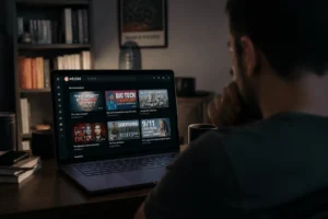 Interface d'une plateforme vidéo indépendante sur écran d'ordinateur portable dans un bureau à domicile