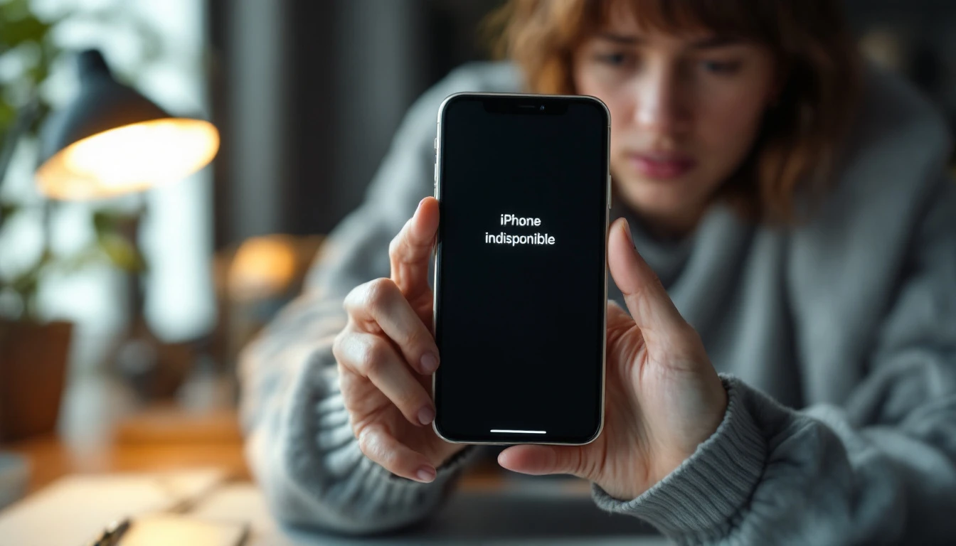 Mains tenant un iPhone affichant l'écran de verrouillage iPhone indisponible avec tentatives de code incorrectes