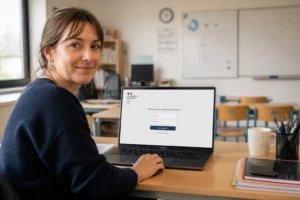 Enseignant connecté à l'intranet académique Eduline sur son ordinateur portable dans une salle de classe