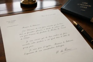 Lettre formelle manuscrite posée sur un bureau en bois dans un cadre judiciaire, avec une plume à côté