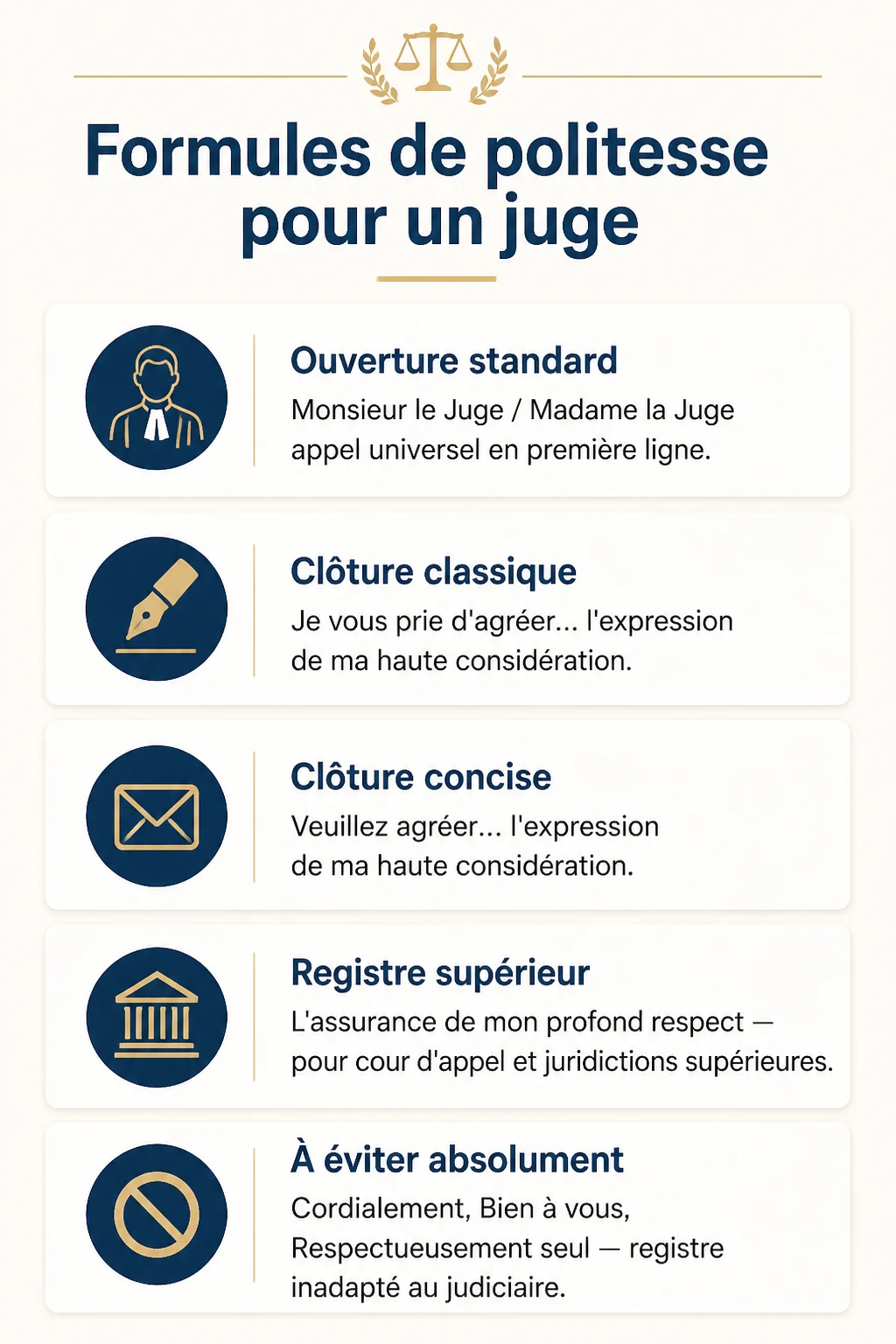 Formules de politesse pour un juge : Ouverture standard, Clôture classique, Clôture concise, Registre supérieur, À éviter absolument