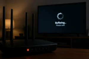 Routeur WiFi avec voyant orange et télévision affichant un écran de chargement IPTV figé