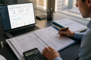 Chargé de clientèle analysant un dossier de crédit sur un logiciel de lender processing