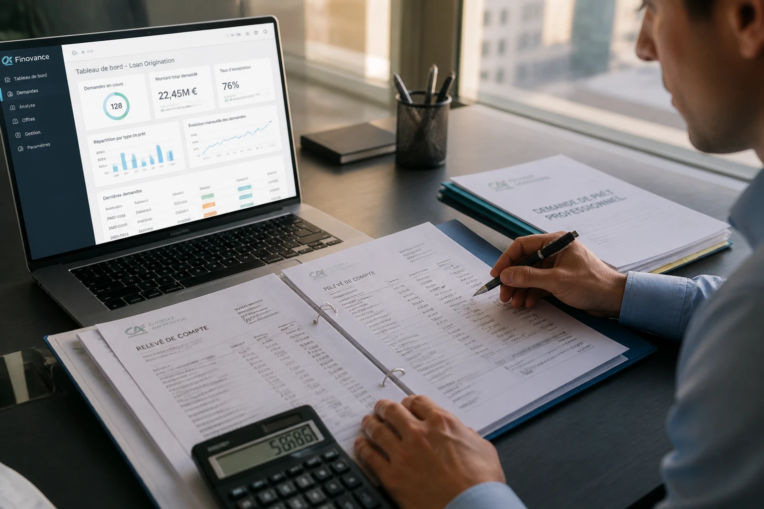 Chargé de clientèle analysant un dossier de crédit sur un logiciel de lender processing