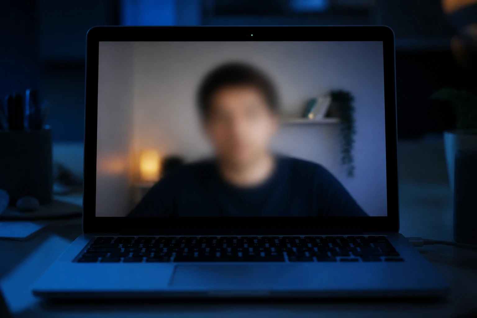 Écran d'ordinateur affichant une interface de chat vidéo en temps réel dans une pièce sombre éclairée en bleu