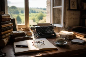 Bureau d'écrivain avec livres empilés, carnets et café près d'une fenêtre lumineuse normande