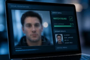 Interface de recherche de visages PimEyes sur écran d'ordinateur avec reconnaissance faciale