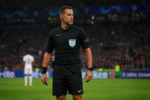 Arbitre de football en tenue noire sur un terrain lors d'un grand match en stade
