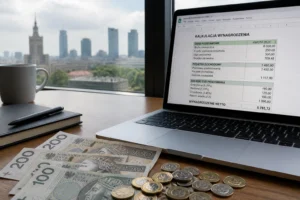 Billets de zloty polonais sur un bureau avec tableau de calcul salarial, contexte professionnel Warsaw