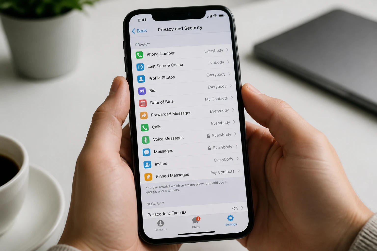 Paramètres de confidentialité Telegram sur smartphone pour supprimer son compte