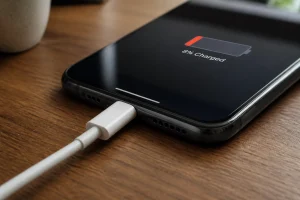 Smartphone branché sur un chargeur USB-C dont la batterie n'augmente pas malgré la connexion
