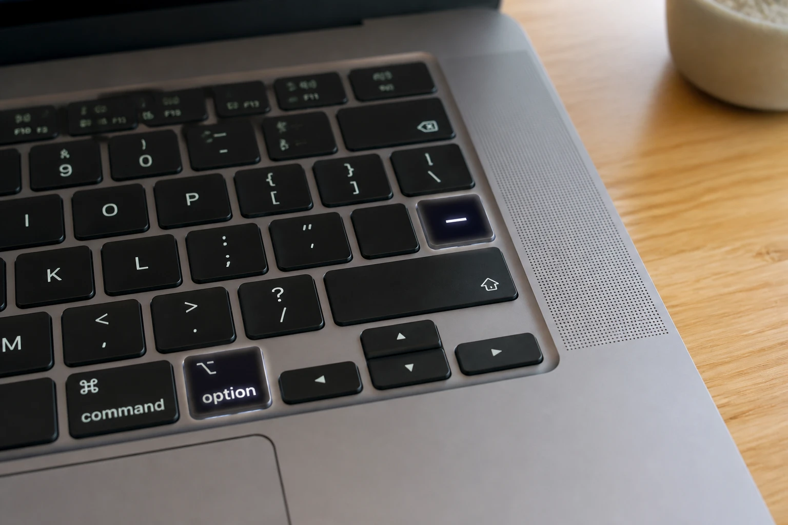 Clavier MacBook avec la touche Option et la touche tiret mises en évidence