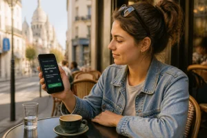 Jeune femme acceptant une mission de service à domicile sur l'application Yoojo depuis son smartphone