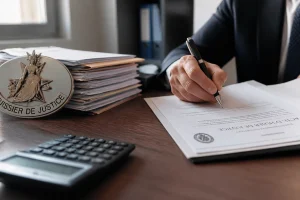 Huissier de justice signant un commandement de payer sur un bureau avec courriers et calculatrice