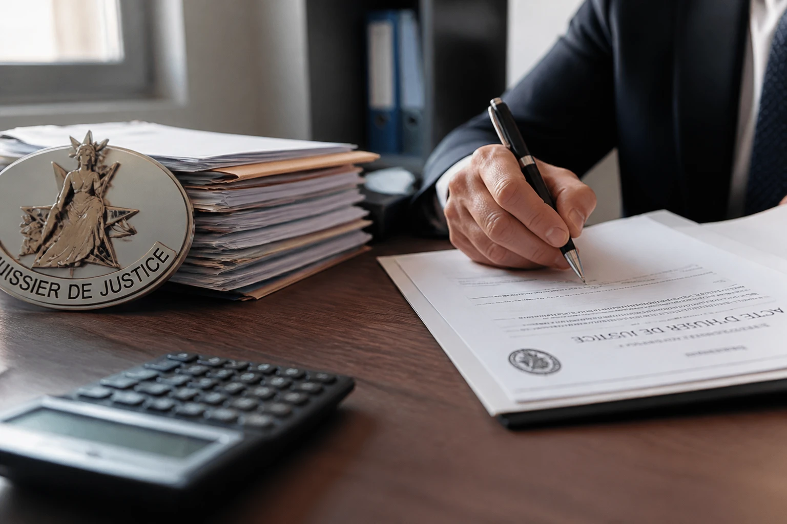 Huissier de justice signant un commandement de payer sur un bureau avec courriers et calculatrice