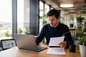 Entrepreneur consultant ses documents pour une demande d'ARCE dans un espace de coworking lumineux