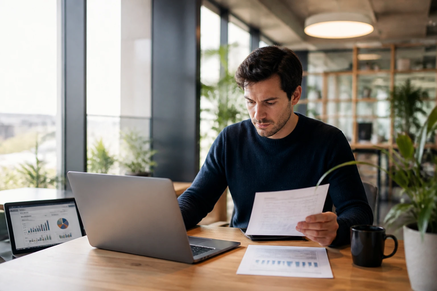 Entrepreneur consultant ses documents pour une demande d'ARCE dans un espace de coworking lumineux