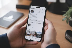 Smartphone affichant une bio Instagram avec une police stylisée sur l'écran