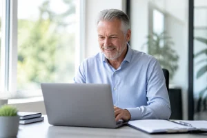Retraité actif travaillant à son bureau dans le cadre du cumul emploi-retraite