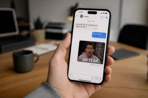 Smartphone affichant l'envoi d'un GIF animé dans une conversation de messagerie