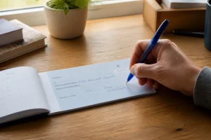 Main écrivant sur un chèque bancaire avec un stylo à encre bleue sur un bureau en bois