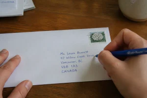 Main qui écrit une adresse sur une enveloppe blanche posée sur un bureau en bois