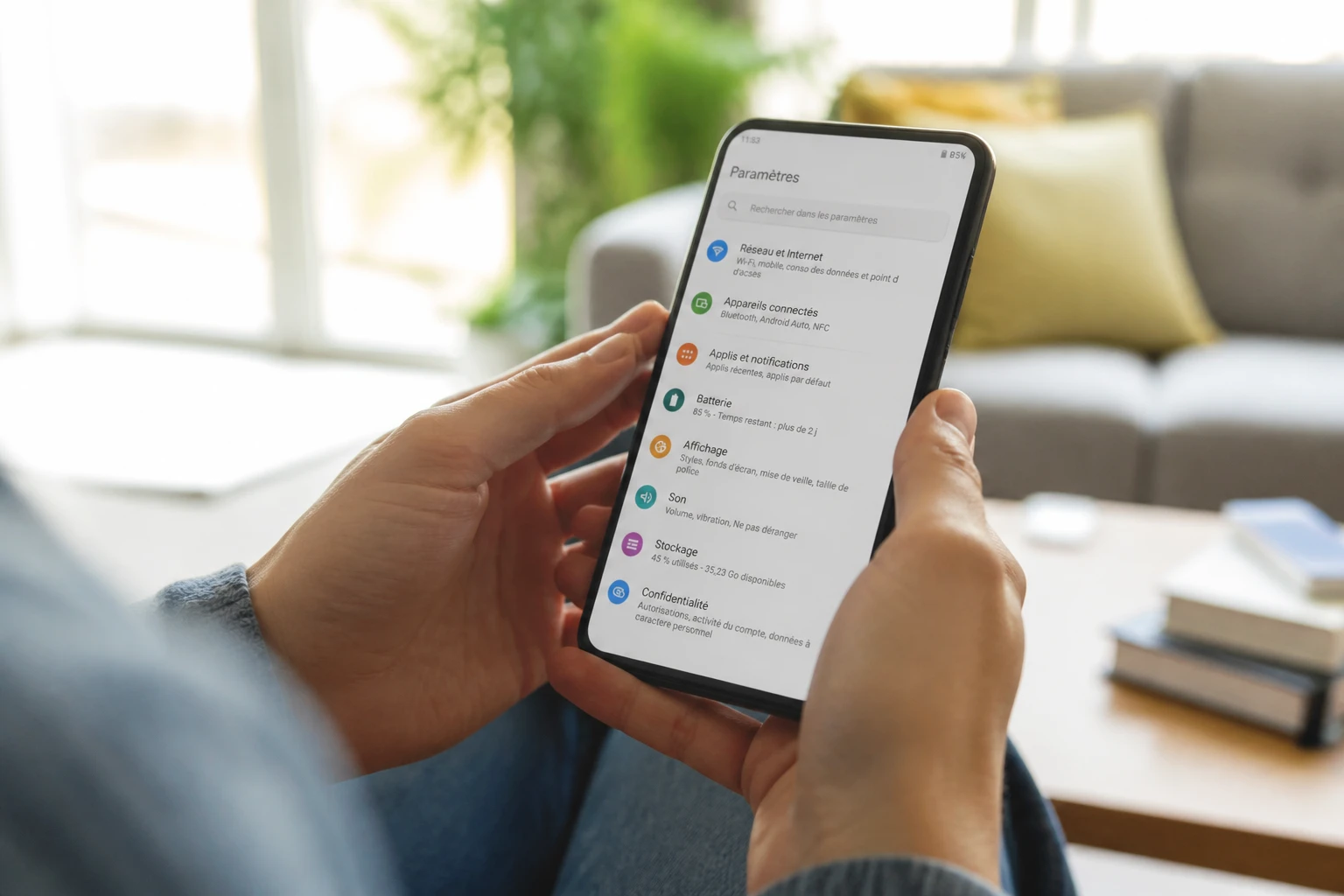 Personne vérifiant les paramètres de son smartphone pour détecter un espionnage