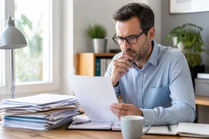 Personne consultant des documents administratifs liés à une liquidation judiciaire pendant un arrêt maladie