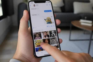 Main tenant un smartphone avec une bibliothèque de GIF animés ouverte dans une conversation de messagerie