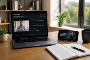 Ordinateur portable affichant un outil de transcription de texte à partir d'une vidéo sur un bureau