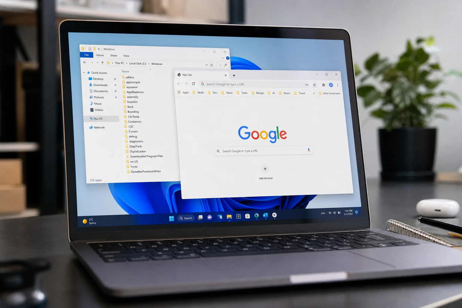 Écran affichant Google Chrome et un dossier système contenant le fichier de favoris à récupérer