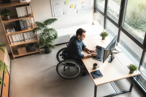 Salarié en situation de handicap travaillant dans un bureau accessible et lumineux