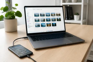 iPhone relié par câble USB à un PC portable affichant un dossier de photos dans l'explorateur Windows