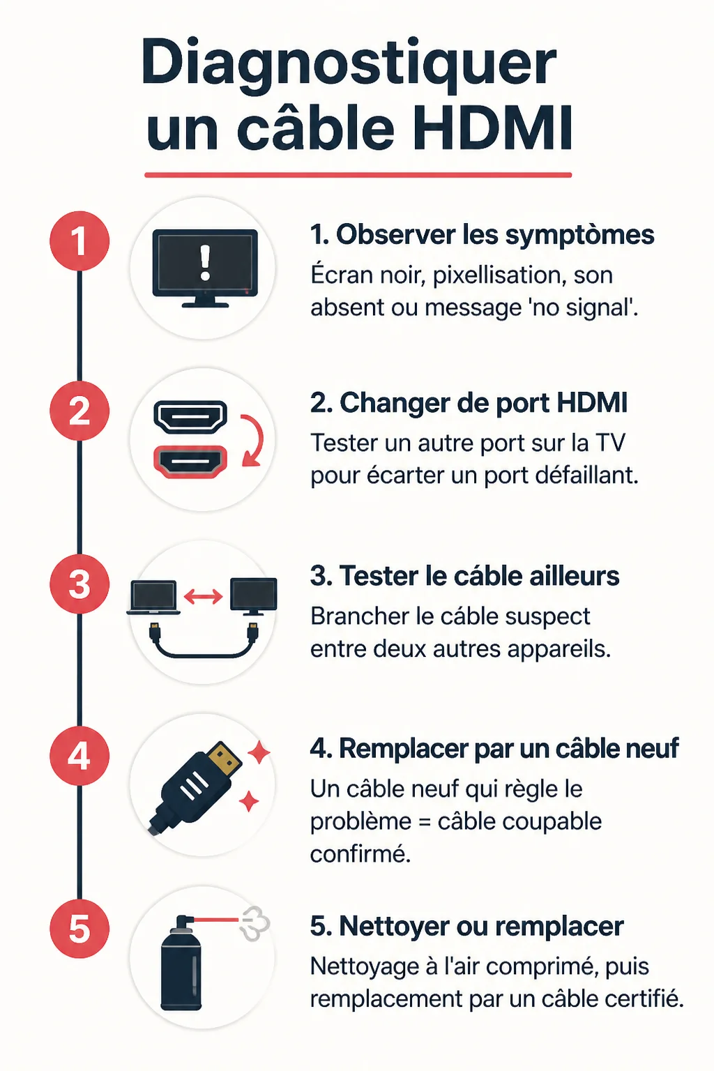 Diagnostiquer un câble HDMI : 1. Observer les symptômes, 2. Changer de port HDMI, 3. Tester le câble ailleurs, 4. Remplacer par un câble neuf, 5. Nettoyer ou remplacer