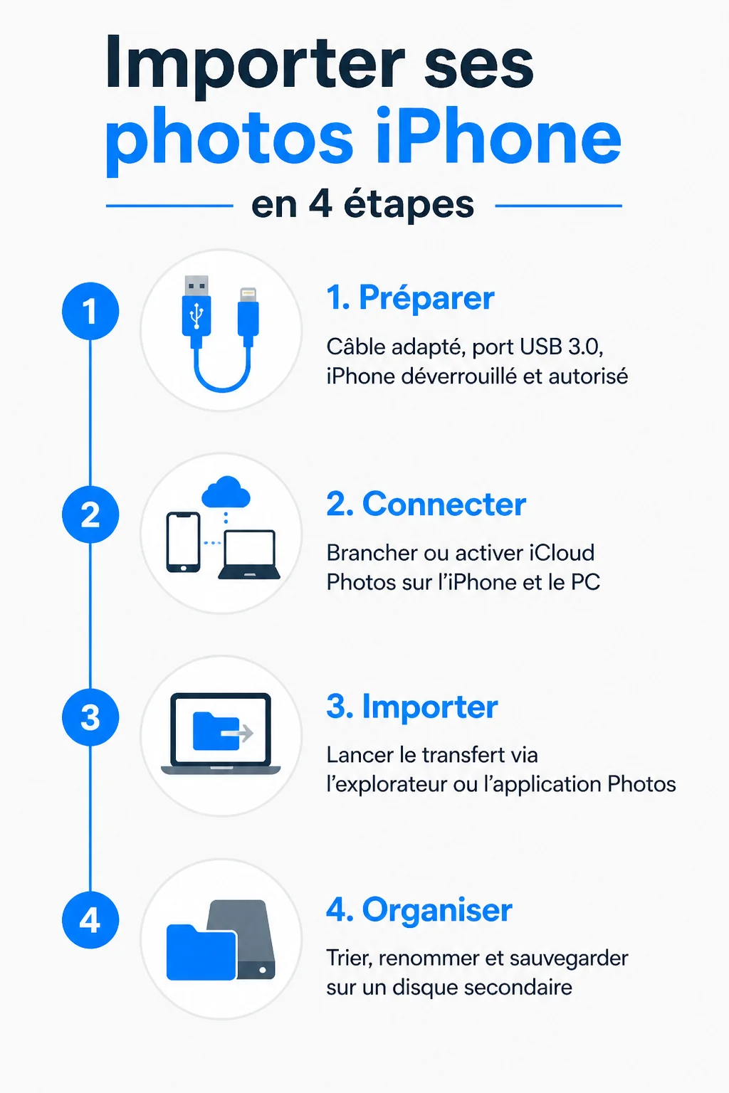 Importer ses photos iPhone en 4 étapes : 1. Préparer, 2. Connecter, 3. Importer, 4. Organiser