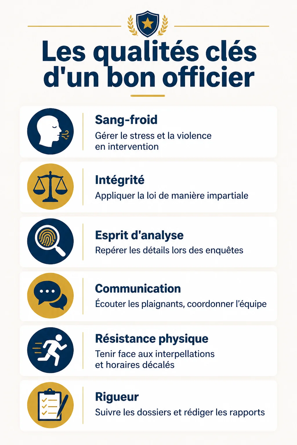 Les qualités clés d'un bon officier : Sang-froid, Intégrité, Esprit d'analyse, Communication, Résistance physique, Rigueur