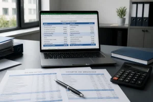 Bureau de comptable avec tableau de financement affiché à l'écran et documents chiffrés