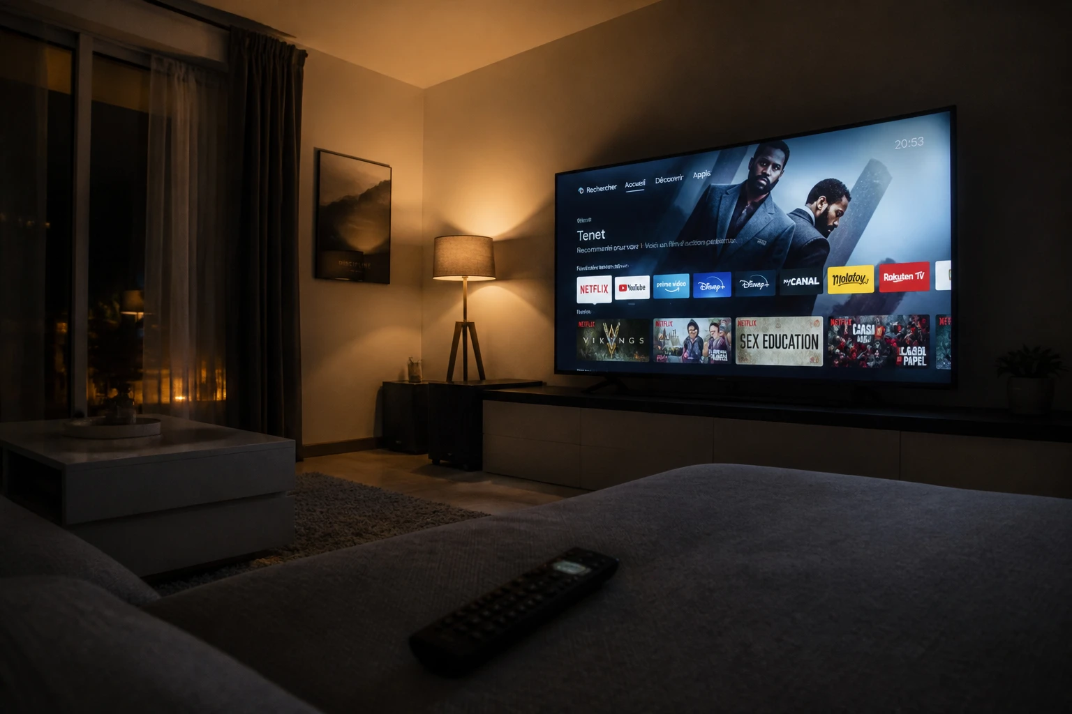 Salon avec télévision allumée sur une interface de streaming affichant des films et séries
