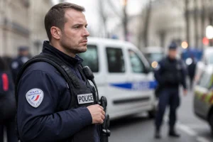 Officier de police français en intervention dans une rue urbaine, uniforme et expression concentrée
