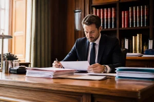 Notaire assis à son bureau dans une étude notariale, entouré de documents juridiques