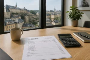 Bulletin de salaire et calculatrice sur un bureau professionnel illustrant le calcul du salaire net SMIC au Luxembourg