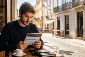 Salarié consultant sa fiche de paie avec le montant du SMIC portugais dans un café à Lisbonne
