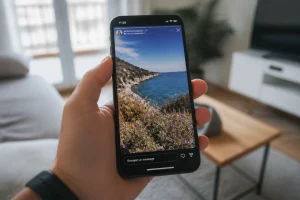 Smartphone affichant des stories Instagram tenu en main dans un intérieur lumineux